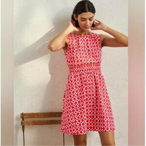 BODEN  Smocked Waist Mini Dress Red/White Mosaic Pattern Size 18/20